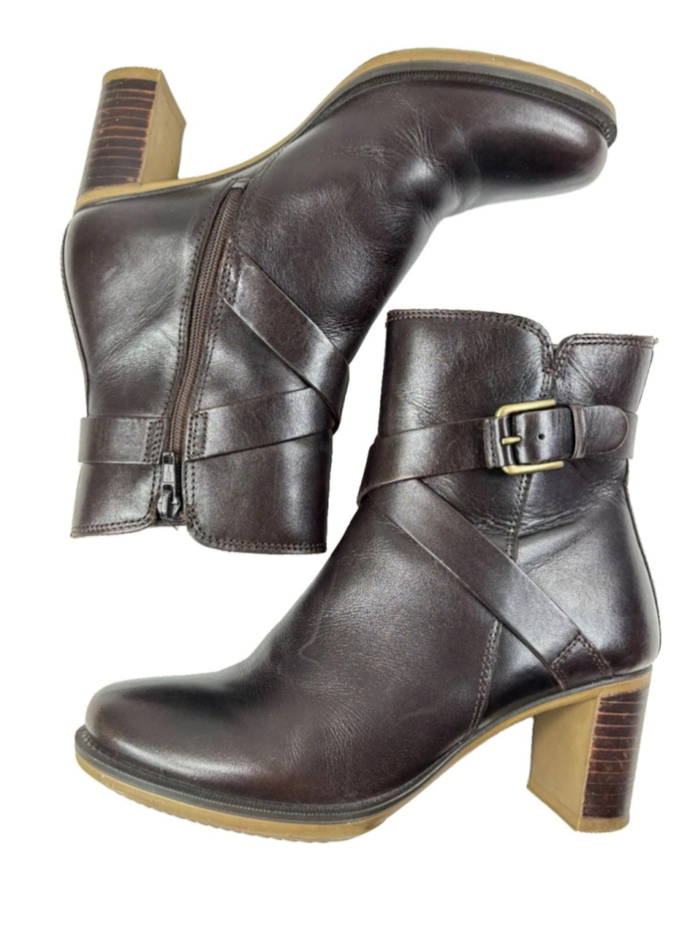 ECCO Saunter Brown Leather Heeled Strap Zip Ankle Boots Size 37 Us Size 6.5